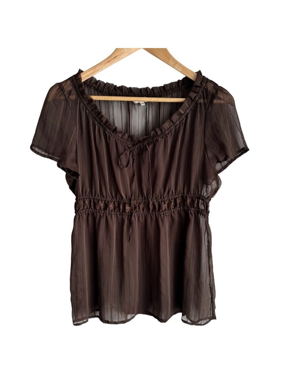 Vintage Y2K Fairycore Sheer Brown Babydoll Top M Peasant Romantic Boho Fairy